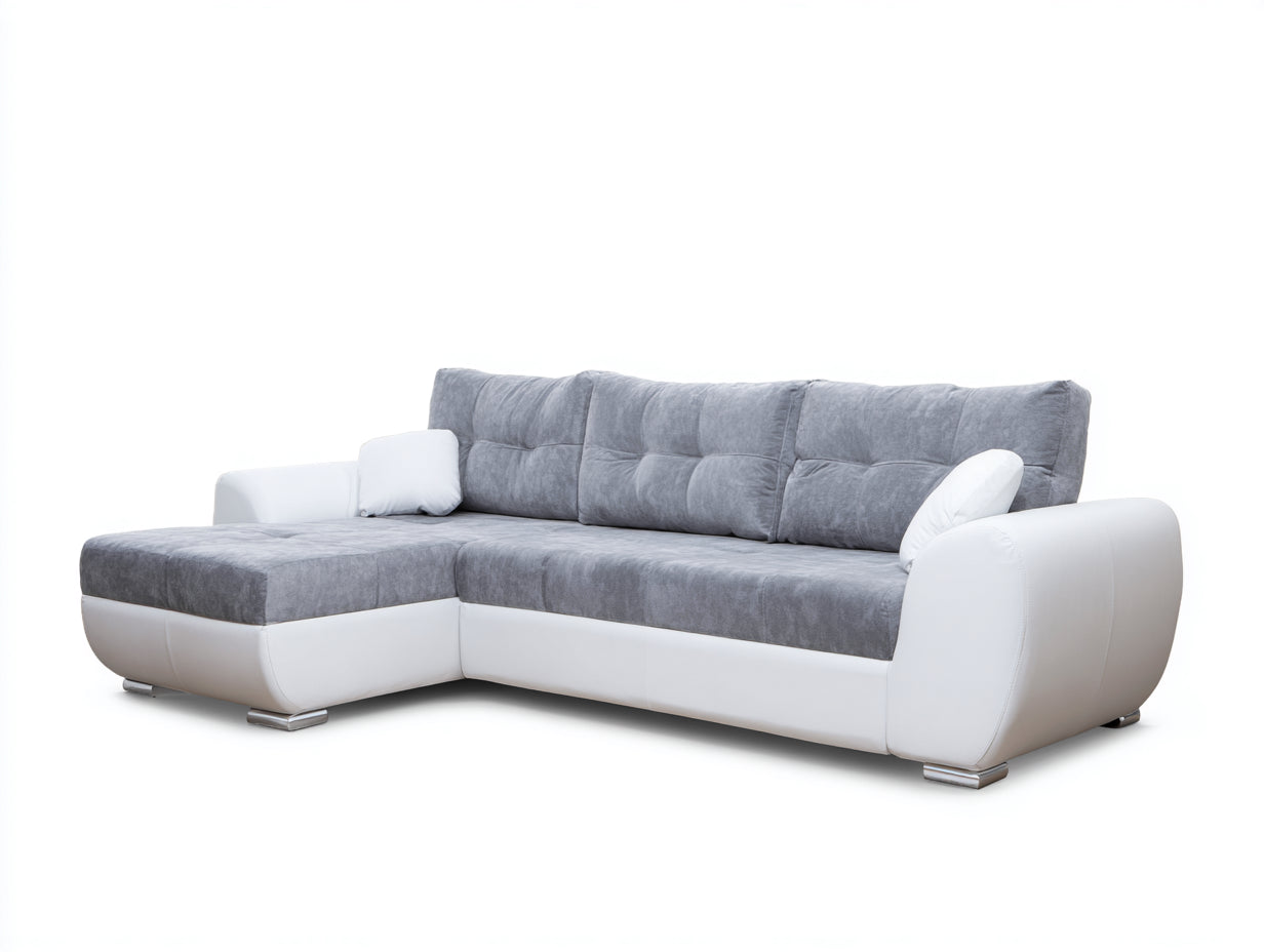 Divano angolare in tessuto grigio e similpelle bianca 262x172x87 cm per soggiorno - design moderno