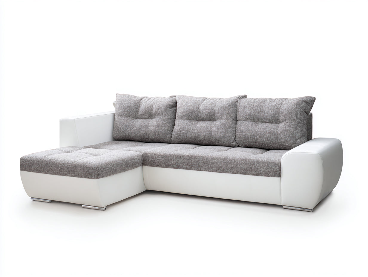 Divano angolare in tessuto grigio chiaro e similpelle bianca 255x160x86 cm per soggiorno - design moderno