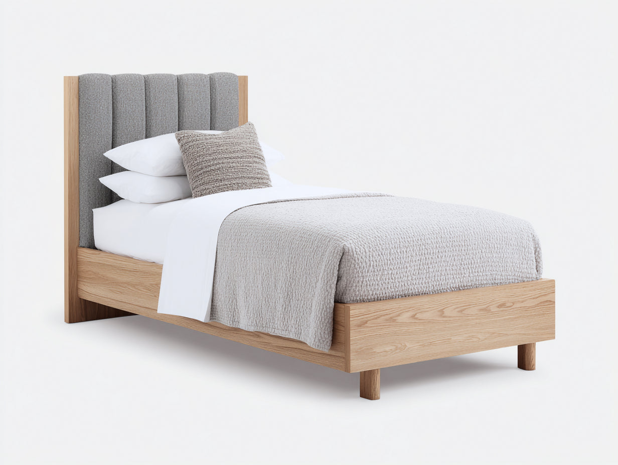 Letto singolo - Legno-Tessuto - 210x101x113 cm - Grigio-Legno naturale - Scandinavo