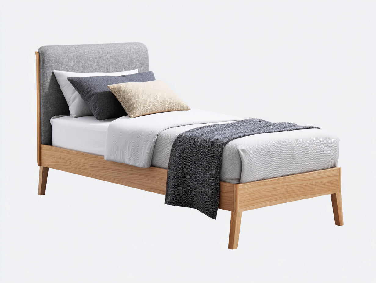 Letto singolo - Legno-Tessuto - 209x99x101 cm - Grigio-Legno naturale - Scandinavo