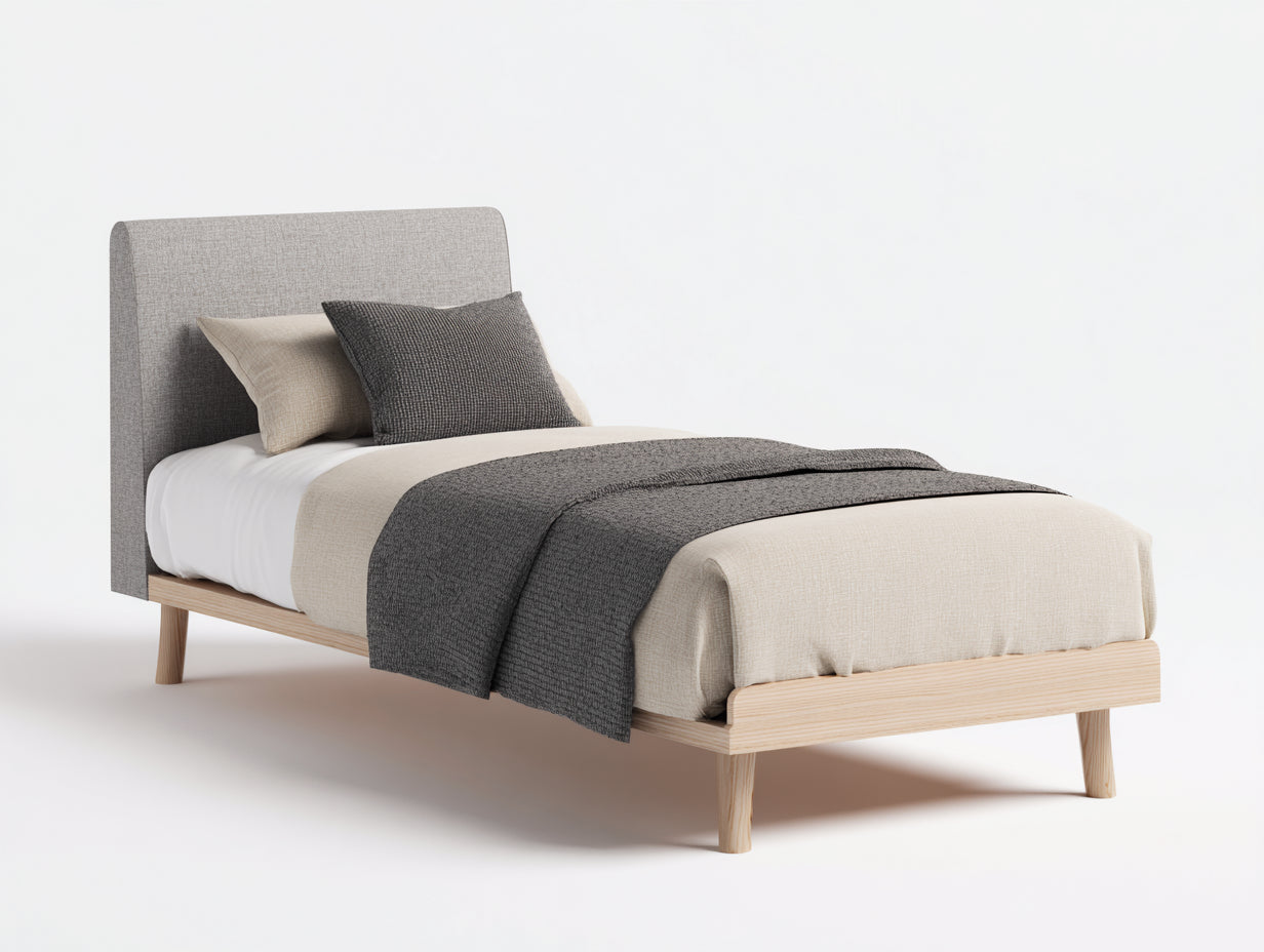 Letto singolo - Legno-Tessuto - 208x98x102 cm - Grigio-Legno naturale - Scandinavo