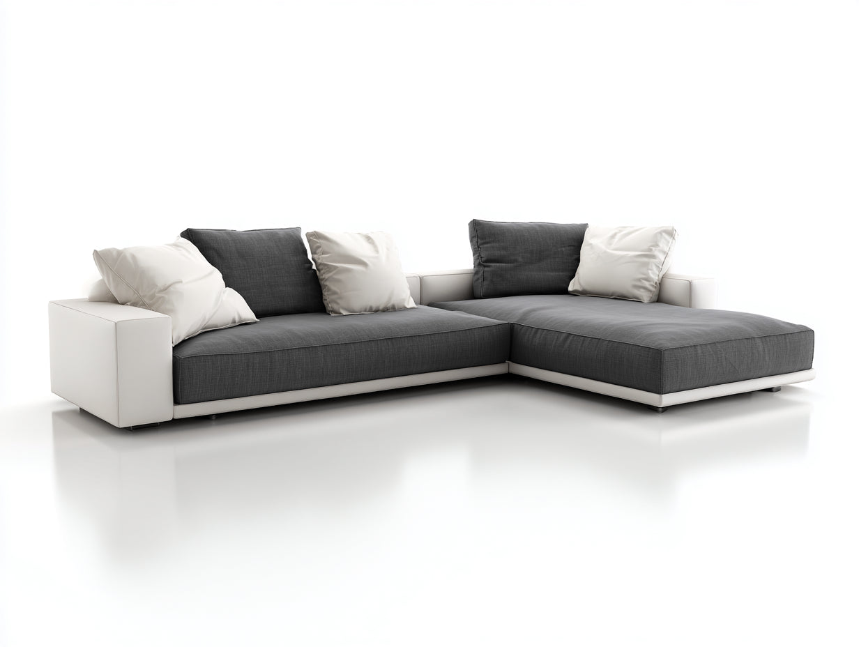 Divano angolare in tessuto grigio scuro e similpelle bianca 298x178x79 cm per soggiorno - design moderno